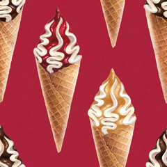 Watercolor illustration of ice cream. Seamless pattern