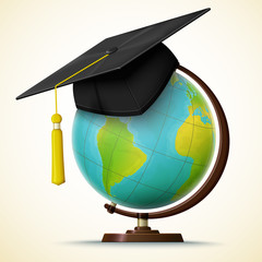 Vector realistic graduation cap hang on the globe with geographical map