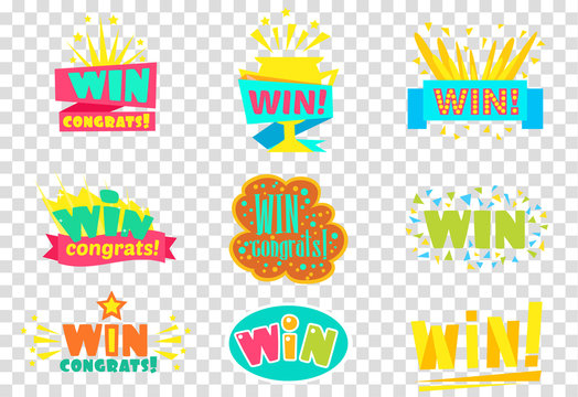 Win congratulations logo set, colorful sickers, labels can be used for mobile, video games vector Illustrations