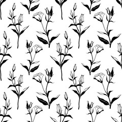 Naklejka premium Black and white floral seamless pattern with eustomia flowers in hannd drawn sketch style. Vintage illustration on white background.