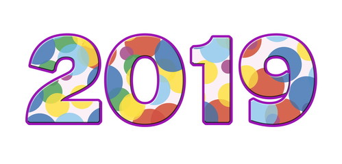 2019 colorful rainbow numbers. Happy New Year and Christmas. Abstract geometric figures. White isolated