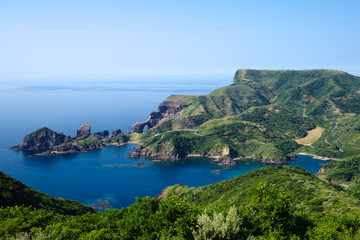 Matengai Cliff and Tsuutenkyou Arch from Akao Lookout in Oki Island Japan