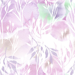 Fototapeta premium Floral seamless pattern with buds and leaves in hand drawn watercolor style. Sweet pink background on texture watercolor.