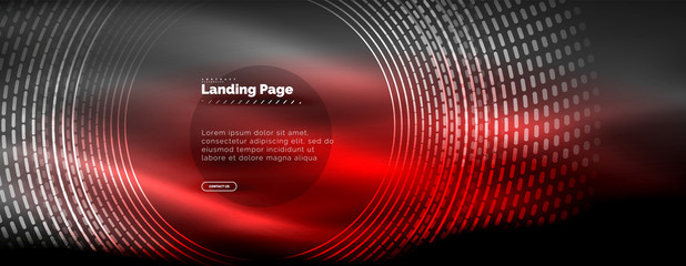 Neon glowing techno lines, hi-tech futuristic abstract background template with circles, landing page template