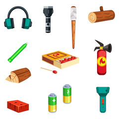 Set of cartoon survival game items - lighting equipment