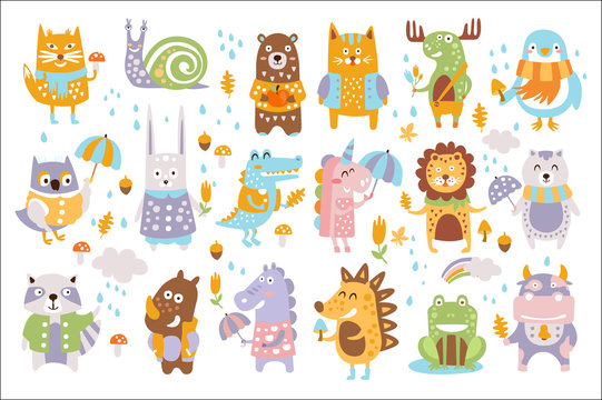 Animal Woodland Autumn Vector Set. Cartoon of cute animals vector set