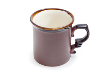 Empty brown cup with handle on a white background