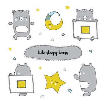Vector set of hand drawn isolated elements, sleepy bear in different positions.