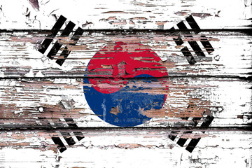 Fototapeta premium National flag of North Korea on a dull wooden background