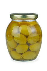 Glass jar with green olives