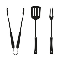 BBQ and grill tools icon set. Barbecue utensil: spatula, fork and tongs. Vector illustration.