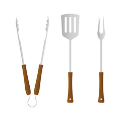 BBQ and grill tools icon set. Barbecue utensil: spatula, fork and tongs. Vector illustration.