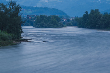 View on the flowing Drina river at sunset