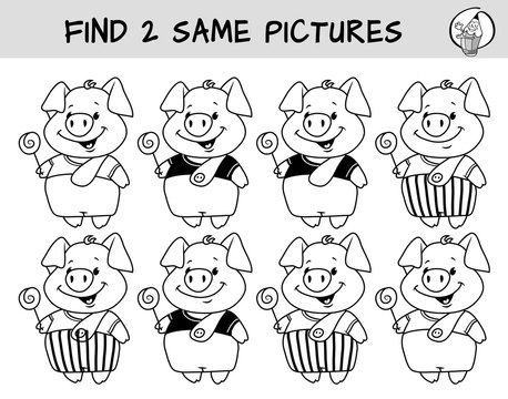 Funny little pig with lollipop. Find two same pictures. Educational matching game for children. Black and white cartoon vector illustration