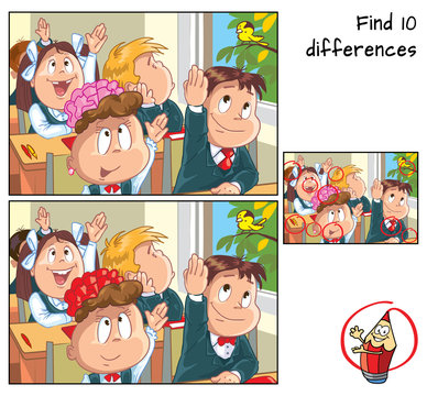 Kids in the school. Find 10 differences. Educational game for children. Cartoon vector illustration