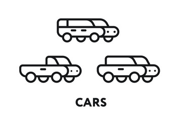 Cute Isometric Car Toy. Convertible, Crossover, Sedan. Minimal Flat Line Outline Stroke Icon.