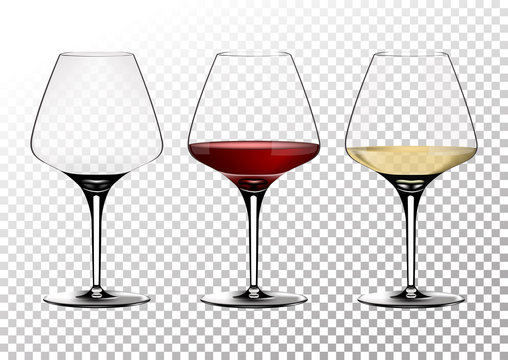 Set transparent vector wine glasses empty, with white and red wine. Vector illustration in photorealistic style.
