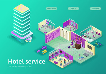 Hotel internet landing page template with isometric flat icon of building, barbershop, cafe, laundry, transportation service, bike rent, online booking app concept, 3d vector illustration