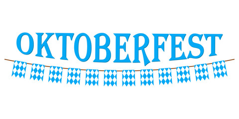 Oktoberfest banner with blue bunting and festive flags. Beer festival lettering typography with checkered flags. Oktoberfest logo, flyer, sticker design element. Vector illustration.