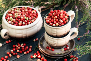 Cowberry berries in dishes. Concept autumn, health, longevity, natural medicine.