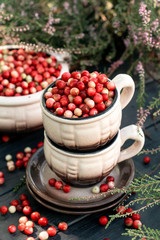 Cowberry berries in dishes. Concept autumn, health, longevity, natural medicine.