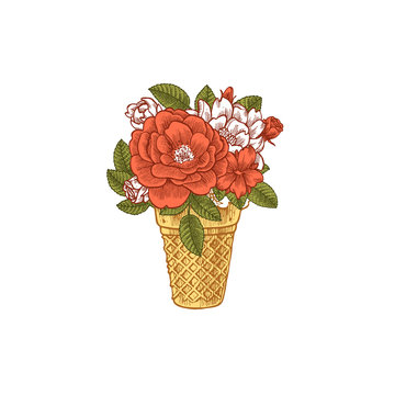 Floral ice cream illustration. Peony and leaves.