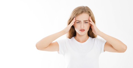 Stressed Exhausted caucasian Woman Having Strong Tension Headache. Portrait Of Sick Girl Suffering From Head Migraine, Feeling Pressure And Stress. Pain and health. Copy space.