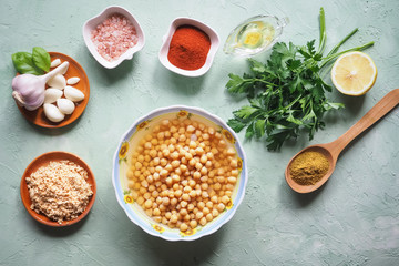 Ingredients for traditional hummus. Arabic traditional snack.