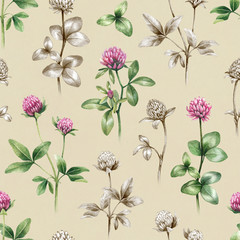 Illustrations of clover flowers. Seamless pattern