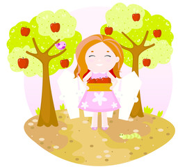 Vector illustration with cute little girl picking ripe apples to basket in the orchard. Apple harvest illustration with girl. Red apples on the tree.