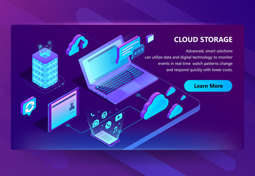 Vector 3d isometric template of site for cloud storage. Online database page with information. Service works with smartphone, laptop and tablet. Illustration in violet, ultraviolet color