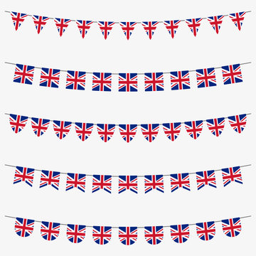 British bunting set with UK flags. Great Britain flags garland. Union Jack decoration for celebrate, party or festival. Vector illustration. 