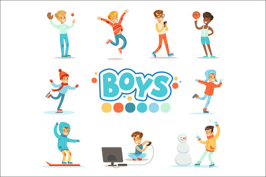 Happy Boys And Their Expected Normal Behavior With Active Games Sport Practices Set Of Traditional Male Kid Role Illustrations