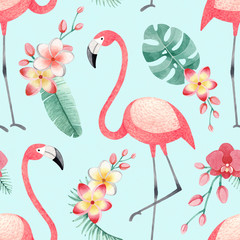 Watercolor illustrations of flamingos, tropical flowers and leaves. Seamless tropical pattern
