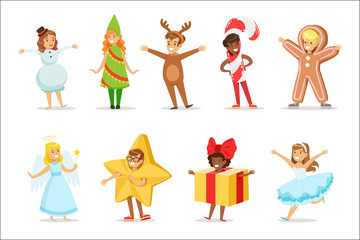 Children Dressed As Winter Holidays Symbols For The Costume Christmas Carnival Party