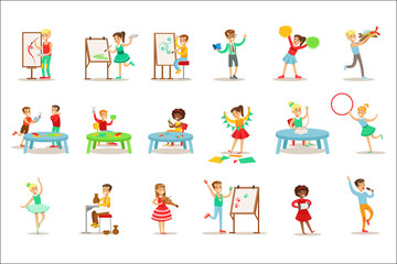 Fototapeta premium Creative Children Practicing Different Arts And Crafts In Art Class And By Themselves Set Of Kids And Creativity Themed Illustrations