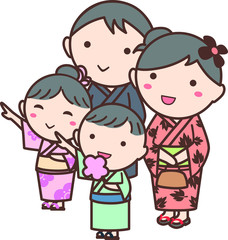 浴衣を着た家族のイラスト