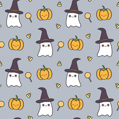 cute halloween seamless vector pattern background illustration with ghost, pumpkin and candies
