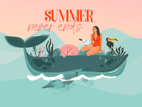 Hand drawn vector abstract cartoon summer time graphic illustrations template card with girl,whale on blue waves and modern typography Summer never ends isolated on pink sunset background