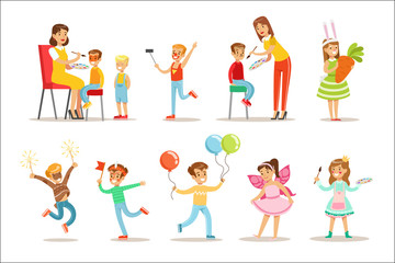 Fototapeta premium Children In Costume Party Set OF Vector Illustrations With Happy Smiling Kids Having Their Faces Painted And Demonstrating Disguises At Festival Celebration
