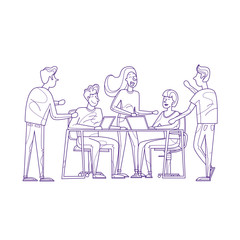 Teamwork, office life, business plan, meeting. Thin Line