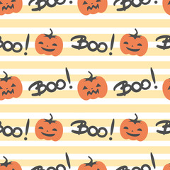 cute halloween seamless vector pattern background illustration with spooky pumpkins and hand drawn lettering boo word
