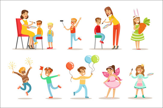 Children In Costume Party Set OF Vector Illustrations With Happy Smiling Kids Having Their Faces Painted And Demonstrating Disguises At Festival Celebration