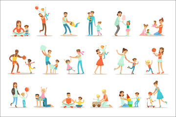Loving Fathers Playing And Enjoying Good Quality Daddy Time With Their Happy Children Set Of Cartoon Illustrations