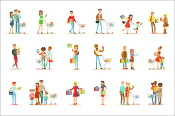 Fototapeta premium People Shopping In Department Store And Shopping Mall Set Of Cartoon Characters Buying Products And Objects In The Shop