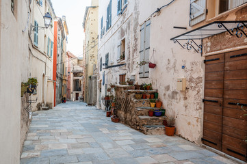 A narrow street at Bastia, in the old medieval city of Citadel, a popular destination for travel in Europe, France, Corsica