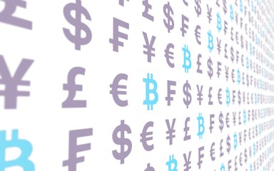 Bitcoin and currency on a white background. Digital Cryptocurrency symbol. Business concept. Market Display. 3D illustration