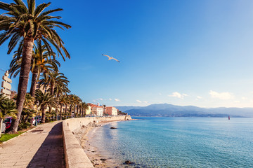 Beautiful cityscape, Ajaccio is the capital of Corsica. City on a background of snowy mountains and...