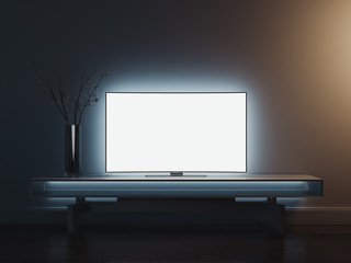 Close up of TV set standing on TV stand, 3d rendering.