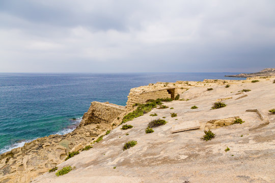 Kalkara, Malta. Ruins of coastal fortifications